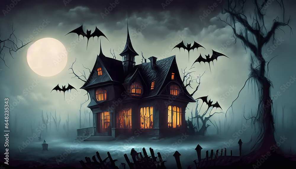 halloween concept gloomy house, dark night, bats.