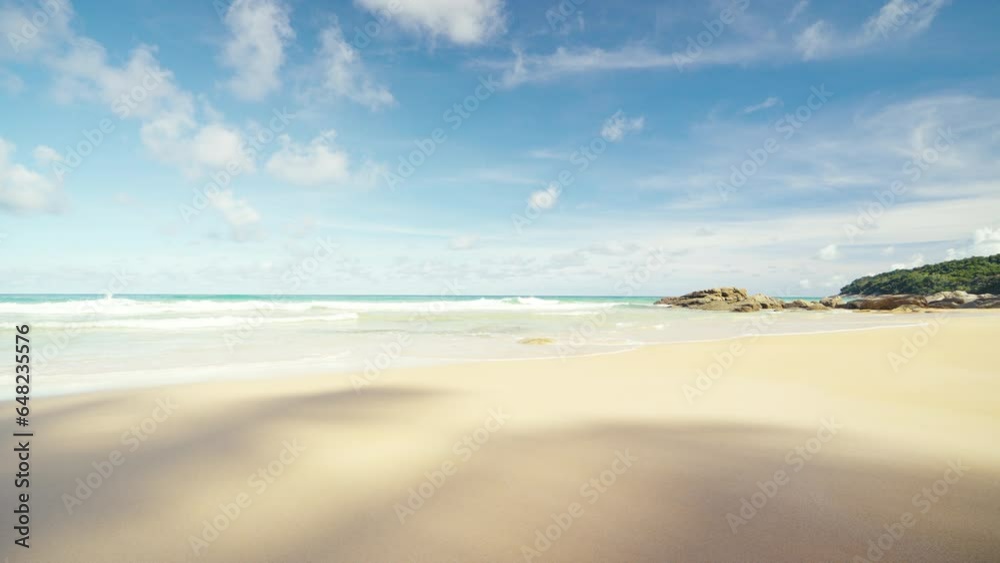Beach blue sky seascape ocean horizon island. Relax empty sea beach clouds blue sky island. Copy space.