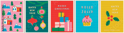 Christmas card set - hand drawn cute flyers. Postcards with lettering and Christmas graphic elements.