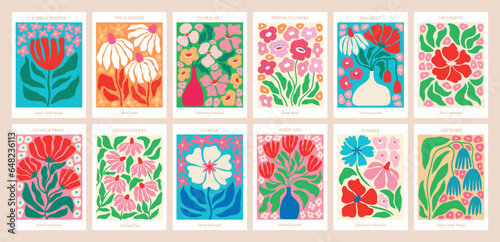 Groovy Floral posters for your design. Hand drawn Groovy prints with flowers and leaves. Postcards bohemian theme,