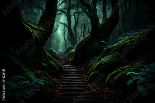 dark forest in the night 4k HD quality photo.  photo