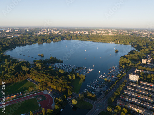 Aerial drone overview of the Kralingse plas, recreational lake in Rotterdam. photo