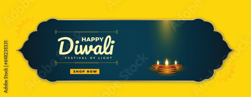 Happy Diwali yellow background with oil lamps and light effect web banner or poster design vector file 