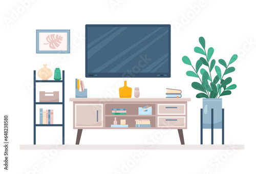 Flat living room concept with TV stand and home plants. Interior items of cozy modern midcentury design with books and vases. Vector cartoon illustration with television console and decor accessories