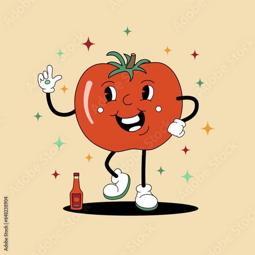 Comic flat Tomato with face on decorated background. Vector cartoon illustration in groovy retro style with ketchup sauce. Square image of tasty red vegetable character with smile for poster or banner