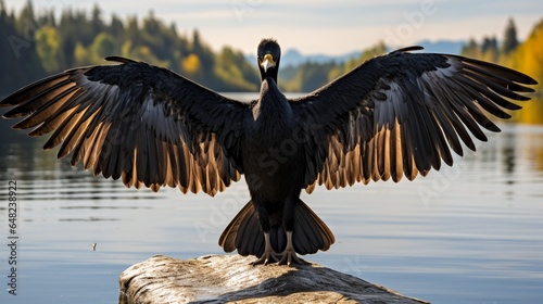 an image of a cormorant with its wings outstretched, drying them in the sun