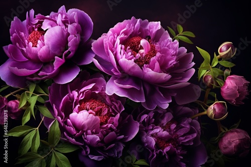 Dark background with purple peony flowers. Generative AI