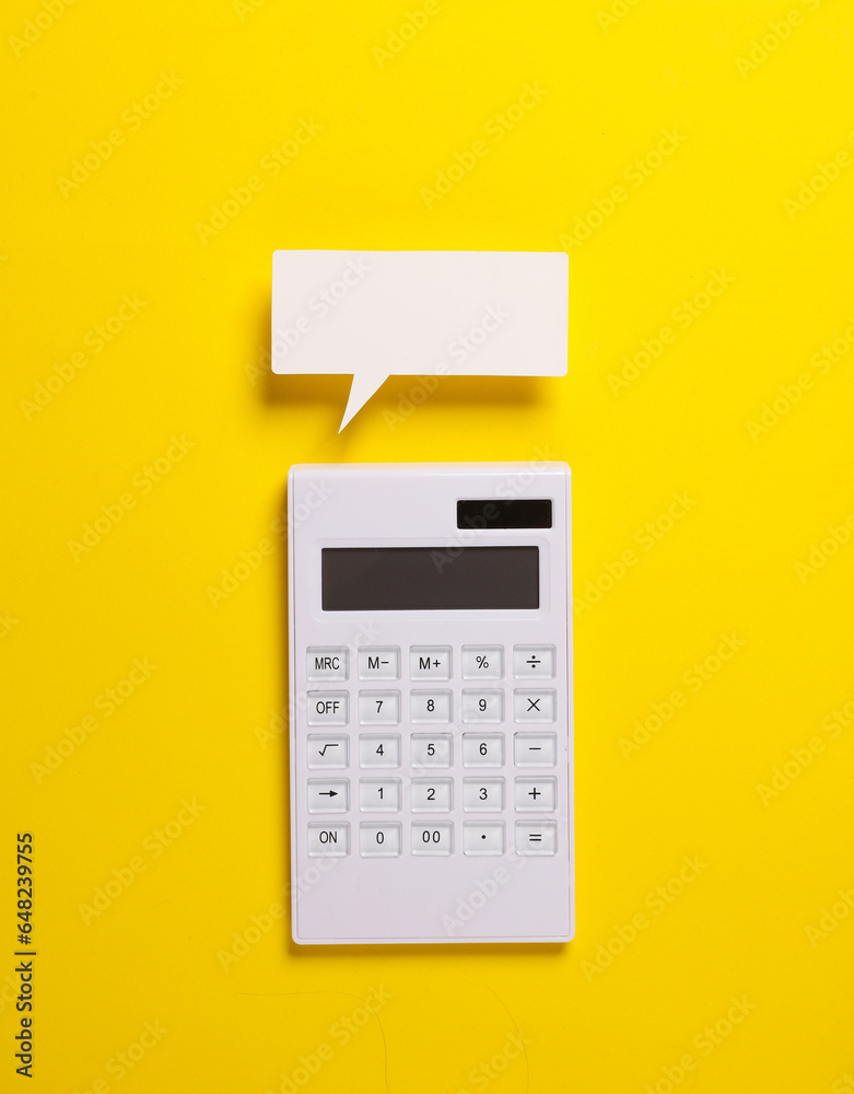 Calculator with speech bubble on yellow background Calculator with speech bubble on yellow background