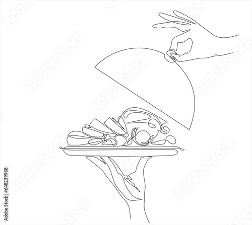 meat with vegetables dish. Vegetable salad.One continuous line drawing.The waiter carries food on a tray. Food in a restaurant. A hand holds a tray. Line Art isolated white background.