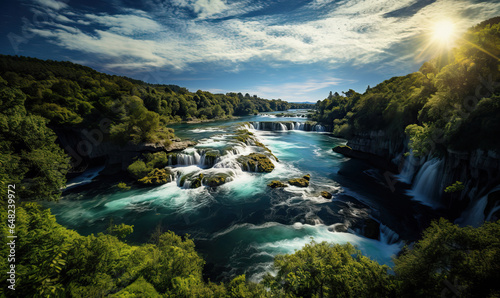 View of beautiful waterfalls on a summer morning.