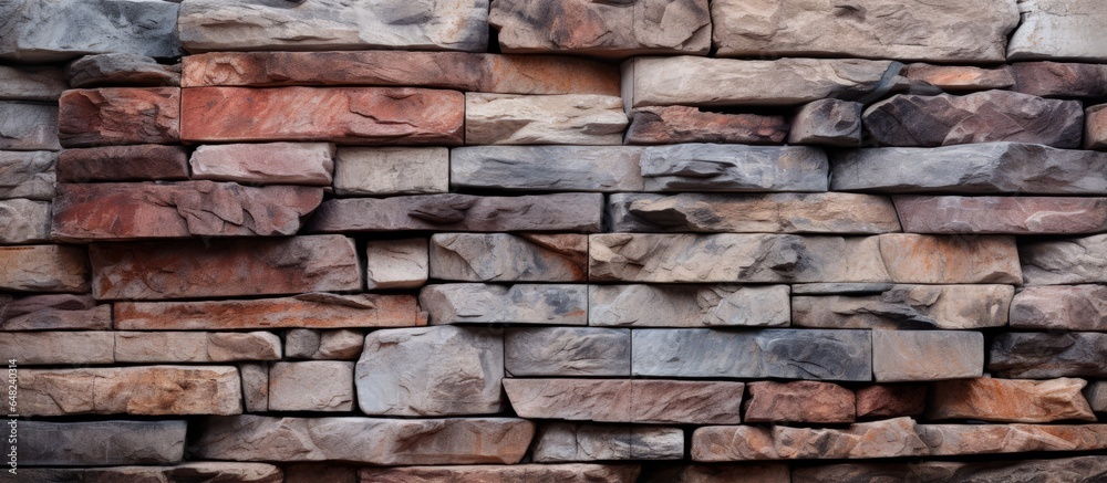 Textured background of natural stone wall comprised of solid masses and vertical building sections