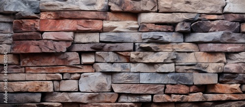 Textured background of natural stone wall comprised of solid masses and vertical building sections