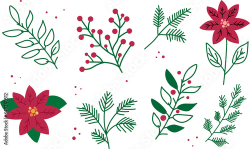 Set of hand drawn winter plants. Rowan berries  mistletoe leaves  pine  berry branch  holly berries. PNG