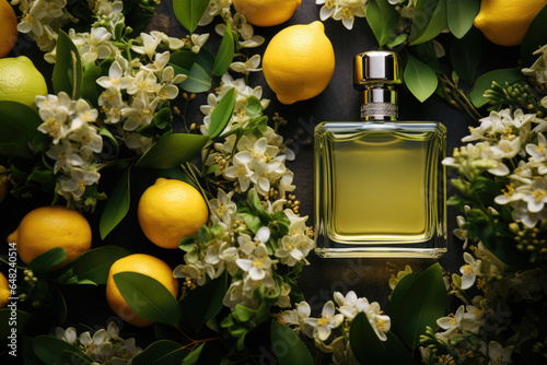 Luxury green Fragrance bottle, yellow lemon, white jasmine flowers photo