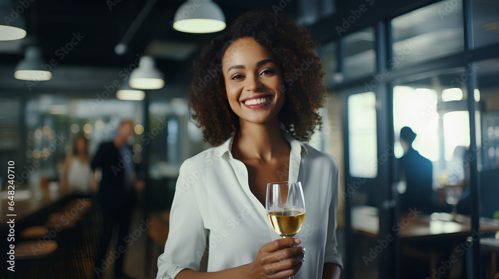 © jcalvera - Young businesswoman celebrating work success in the office. Generative AI © jcalvera - Young businesswoman celebrating work success in the office. Generative AI