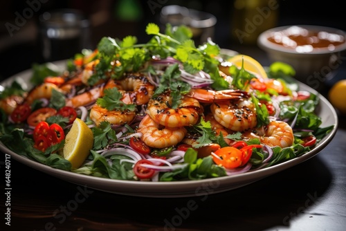 A close-up image of a delicious and healthy seafood salad salad with vegetables photo