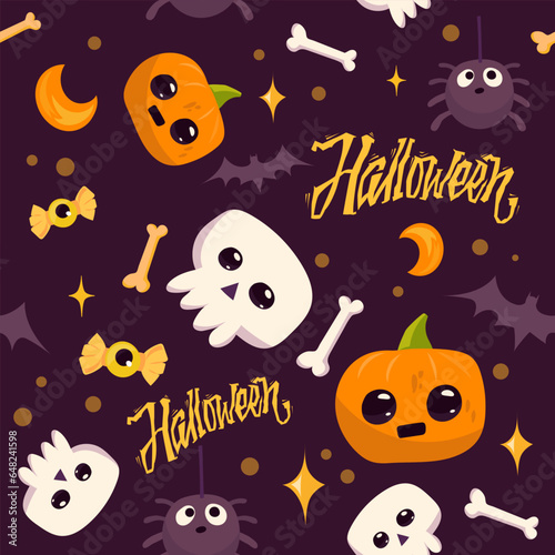 Seamless Pattern Cute Cartoon Character. Halloween. Pumpkin  skull  bone  bat  candy  spider on dark background. Design templates for fashion  fabric  textile  wrapping paper  wallpaper