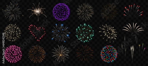 Fireworks set, realistic colorful fireworks collection