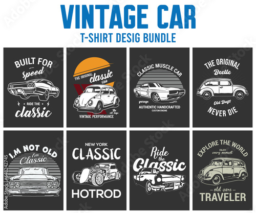 classic car tshirts bundle. Vintage black t-shirt design bundles. american vintage car vector templates.