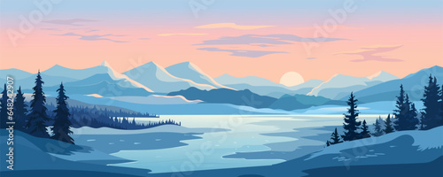 Beautiful panoramic winter landscape. Winter sunset over mountains, forest and lake. Vector illustration for design, poster or banner.