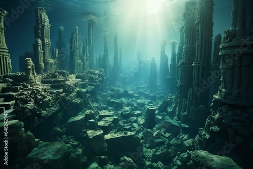 Remains of submerged city with dilapidated structures. Generative AI © Edward