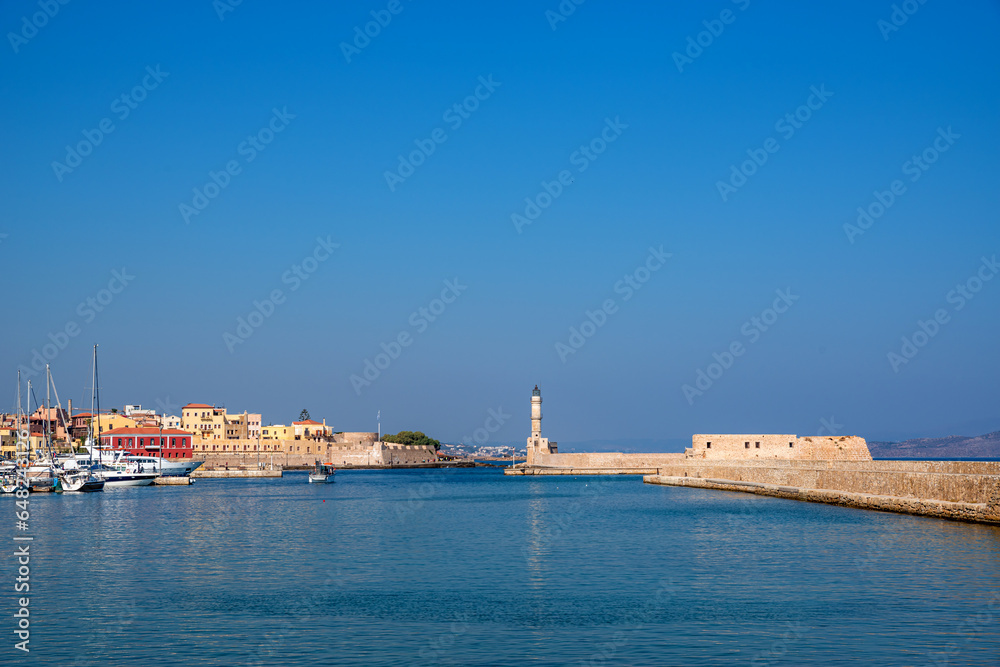 Venetian harbour and lighthouse in Chania. Crete, Greece