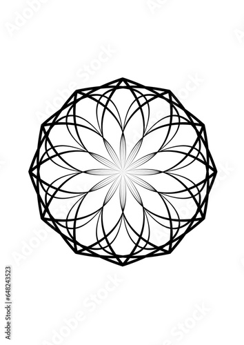 komplexes rotationssymmetzrisches gitter in form einer blüte mit sich vielfach kreuzenden und zum zentrum hin verjüngenden linien, mandala, rosette, modern art 