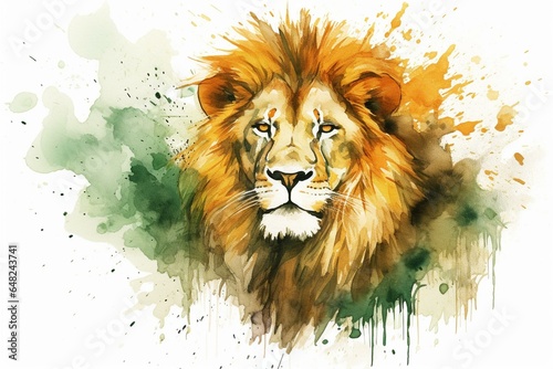 Lion art in watercolor, gold and green abstract shapes. Isolated on white. Generative AI © Lysander