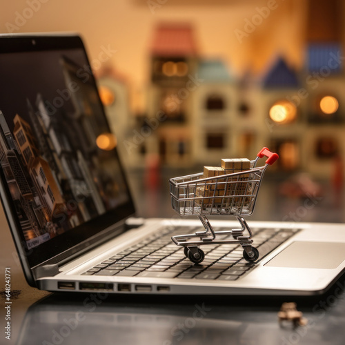 small shopping cart on top of a laptop. online shopping and sales concept in high resolution