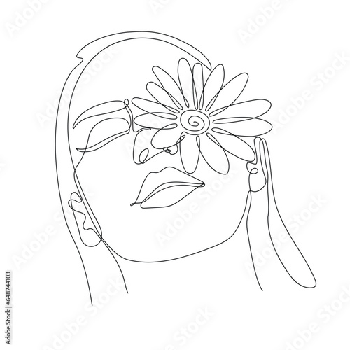 Beautiful woman face - line art. Single line minimalist vector illustration. Woman head with daisy flower - one line