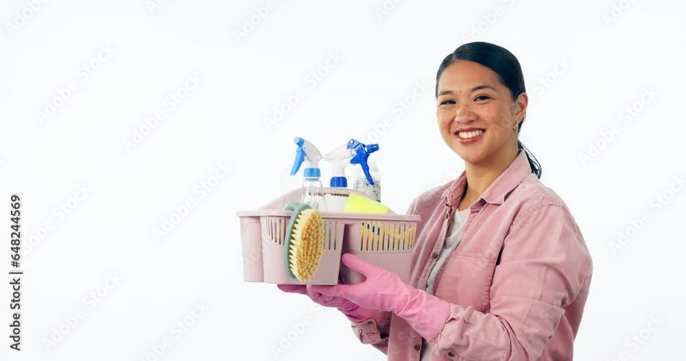 Portrait, cleaning and woman with basket for hygiene, disinfect or housework isolated in a studio white background. Happy, domestic work and person with sanitizer washing with glove for bacteria Portrait, cleaning and woman with basket for hygiene, disinfect or housework isolated in a studio white background. Happy, domestic work and person with sanitizer washing with glove for bacteria