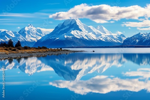 Mirror image of breathtaking New Zealand landscape: Mount Cook reflecting on Lake Pukaki, the country's tallest peak & tourist attraction. Generative AI
