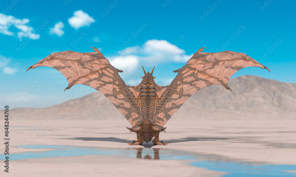 Fototapeta premium dragon is standing up and ready to attack on the desert after rain rear view