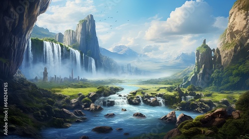 an image of a majestic waterfall surrounded by vibrant, untouched wilderness