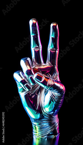 Metallic hand showing victory sign