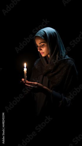 Religious woman in black clothes holds a candle in sign of mourning for the loved ones