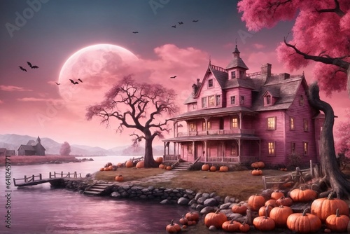 Pink Halloween Landscape background, Halloween Background, Halloween Landscape Background, AI Generative