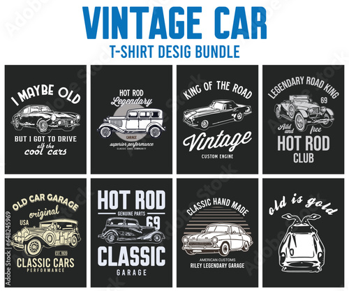 vintage car vector t-shirts design bundle. Old cars t-shirts. American hotrod-style retro car graphics.