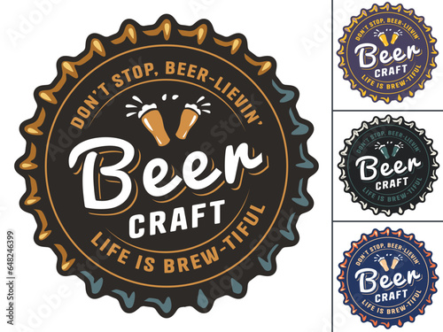 Beer cap vector set for design of brew beer in a brewery. Collection of metal corks for logo of craft brewing. Vintage old retro designs with beer cap for pub and bar