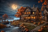 Halloween Village Landscape Background, Halloween Background, Halloween Landscape Background, AI Generative