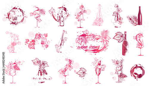 Collection of wine elements - Wine designs. Sketch vector illustration. Hand drawn elements for invitation cards, advertising banner and menu cards. Colorful wine glasses with splashing wine.