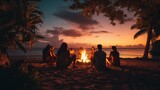 an image of a peaceful tropical beach bonfire with friends gathered around