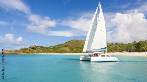 an image of a peaceful beachside catamaran sailing trip with guests on board