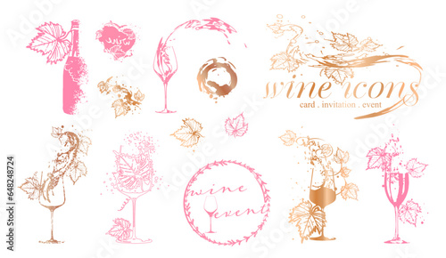 Collection of wine elements - Wine designs. Sketch vector illustration. Hand drawn elements for invitation cards, advertising banner and menu cards. Colorful wine glasses with splashing wine.