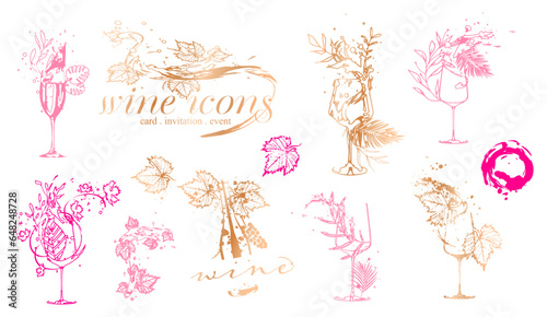 Collection of wine elements - Wine designs. Sketch vector illustration. Hand drawn elements for invitation cards, advertising banner and menu cards. Colorful wine glasses with splashing wine.
