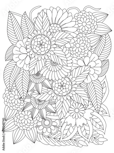 Vector floral wallpaper. Black and white flower pattern for coloring. Doodle floral drawing. Art therapy coloring page. For adults and kids.