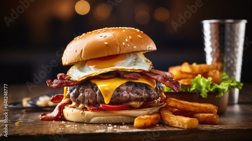Close-up of a juicy burger with beef patty, egg and bacon served in a restaurant with fries. American food. Delicious fast food.