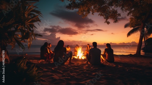 an image of a peaceful tropical beach bonfire with friends gathered around
