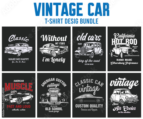 Vintage Classic Car Vector T-shirt Design Bundle. Old cars t-shirts. American vintage-style retro car graphics.