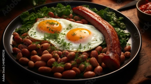Brazilian beans with greens sausages bacon and eggs 
